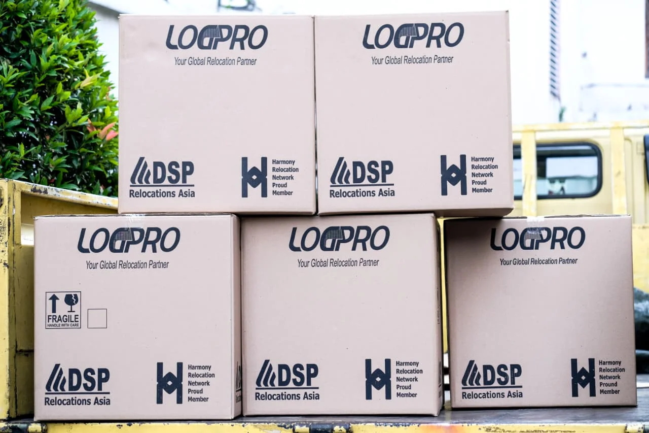 LogPro Relocation branded boxes ready for shipping